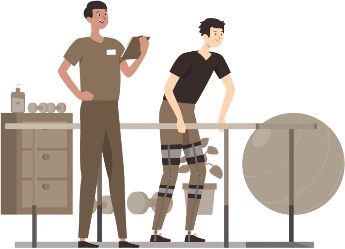 A physiotherapist with a clipboard stands beside a patient practising at parallel bars.